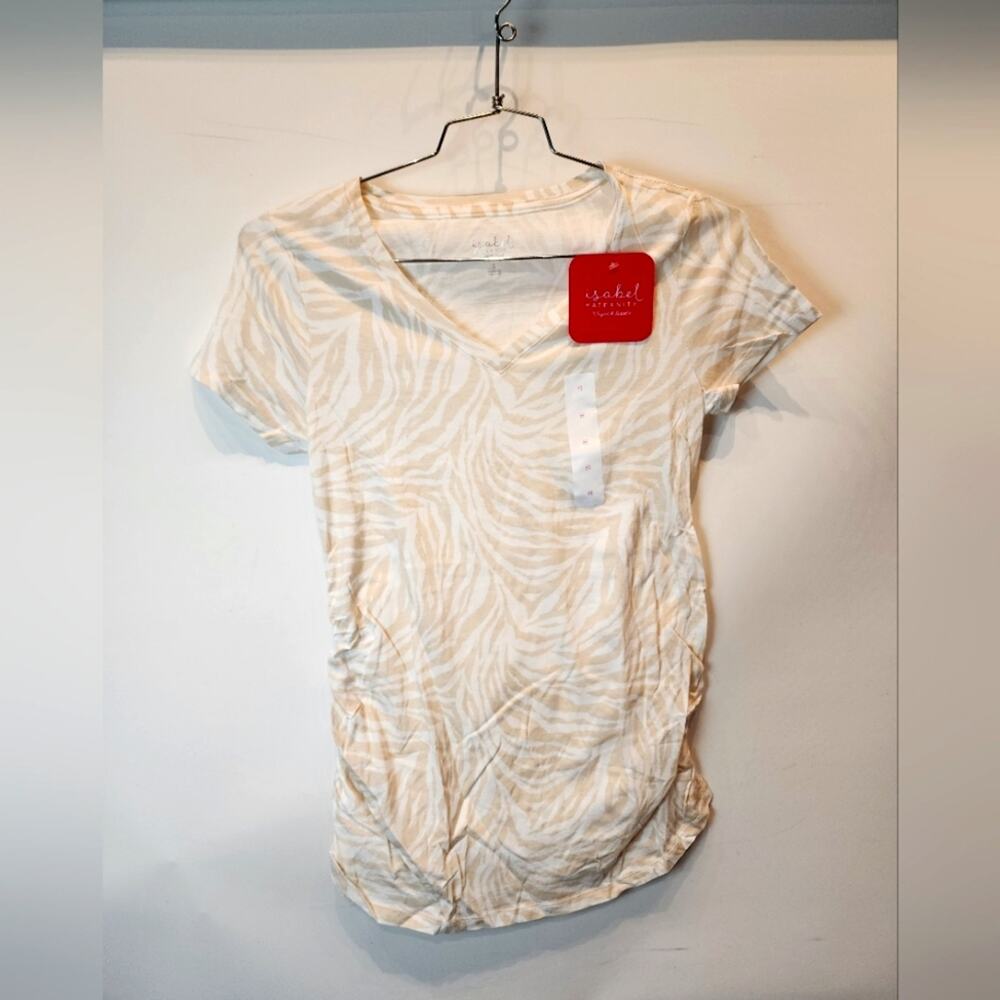 Ingrid & Isabel Maternity S Ruched V-Neck Tee‎ Animal Print Safari Cream NWT